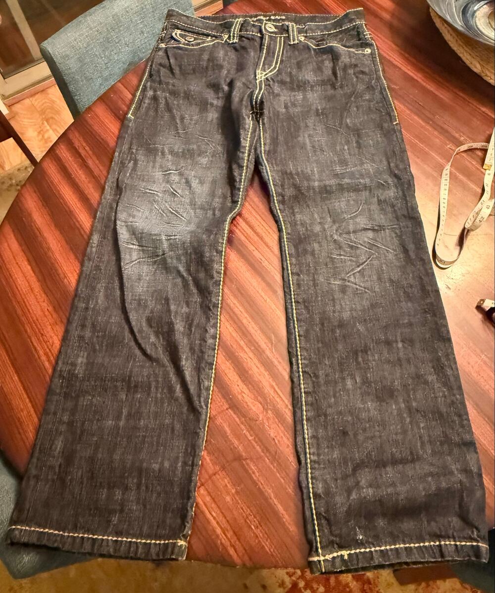 Express Mens Denim Dark Wash Blake Loose Fit Boot Cut Jeans White Stitch 33x32